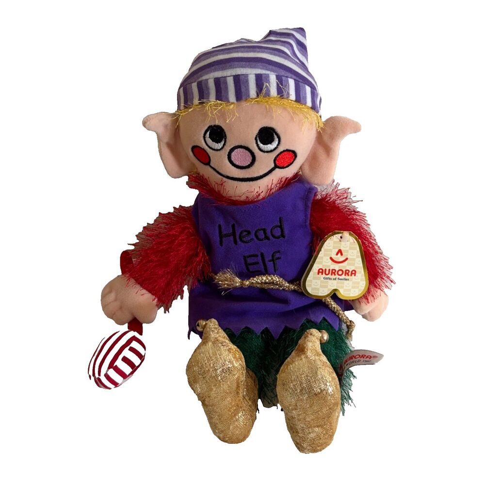 Aurora World Head Elf Plush Stuffed Toy Vintage Christmas 13" NWT